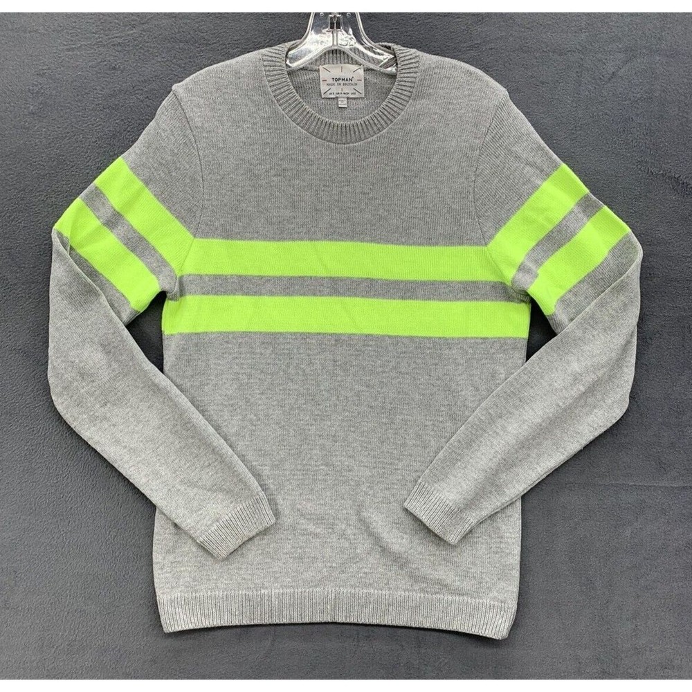 Topman Pullover Sweaters Mens Size Small Gray Yellow Stripe Crew Neck Workwear